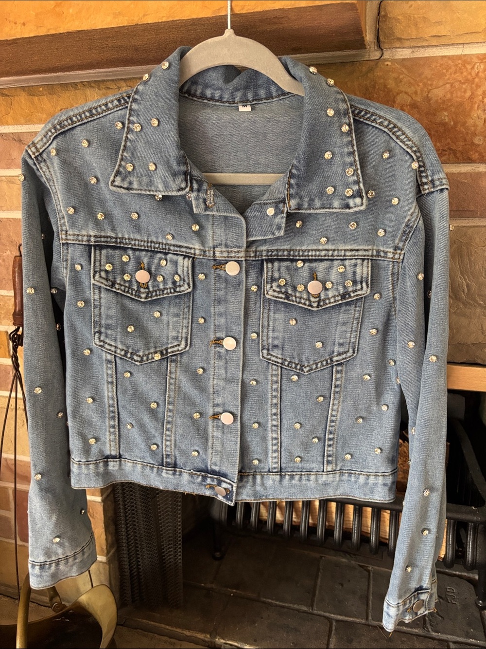 Rhinestone Studded Light Blue Denim Jacket - Women size M. Like new.
